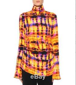 ELLERY Neon Long Sleeve Tie Die Printed Silk High Collar Long Top Shirt 14 US 10