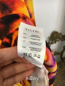 ELLERY Neon Long Sleeve Tie Die Printed Silk High Collar Long Top Shirt 14 US 10