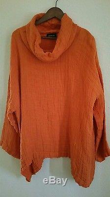 ESKANDAR Orange Textured Linen Turtleneck Top Long sleeves SIZE 1