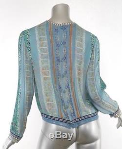 ETRO Womens Blue Printed Pattern Button Back Pleated Long Sleeve Top Blouse 4-40