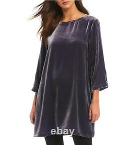 Eileen Fisher Blue Shale Long Silk Velvet Tunic Top Size L NWT $318 3/4 Sleeves
