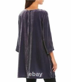 Eileen Fisher Blue Shale Long Silk Velvet Tunic Top Size L NWT $318 3/4 Sleeves