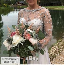 Elegant Wedding Gowns Long Sleeve V Back Formal Bridal Dresses Beaded Lace Top