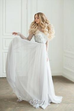 Elegant Wedding Gowns Long Sleeve V Back Formal Bridal Dresses Beaded Lace Top