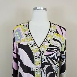 Emilio Pucci Size L Large Top Shirt Multi-Color V-Neck Long Sleeve Brown Yellow