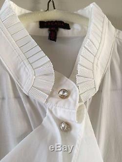 Escada White Cotton Crystal Buttons Ladies Shirt Top Ruffles Long Sleeve, Sz 42