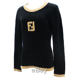 FENDI FF Logos Long Sleeve Tops Black Beige Velor Vintage Italy Auth #JJ156 I