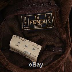 FENDI JEANS Vintage brown velvet black logomania mesh long sleeve top IT40 S
