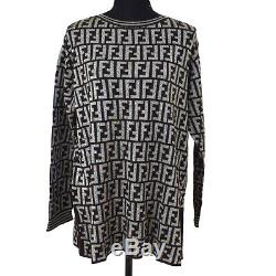 FENDI Zucca Round Neck Long Sleeve Knit Tops Shirt Brown Gray Authentic AK39304
