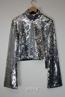 FILLES A PAPA Ladies Ladies Silver Sequin Bell Sleeve High Neck Top Size S NEW