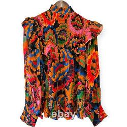 Farm Rio Anthropologie Size M Blouse Top Smocked Ruffle Colorful Flowers