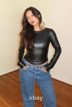 Faux Leather Long Sleeve Fitted Top Trendy Fashion