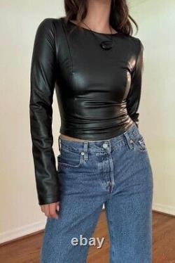 Faux Leather Long Sleeve Fitted Top Trendy Fashion