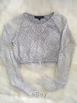 For Love & Lemons Grace Lace Long Sleeve Crop Top and Skirt Set Gray Size S & XS