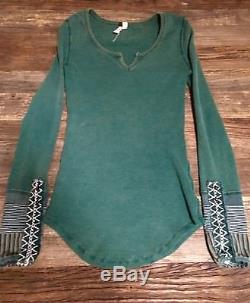 Free People Emerald Green Kyoto Cuff Thermal Waffle Long Sleeve Top S