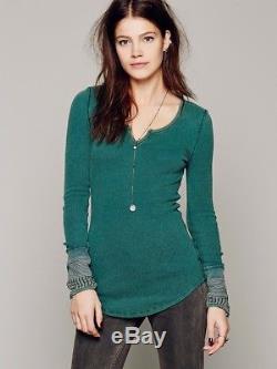 Free People Emerald Green Kyoto Cuff Thermal Waffle Long Sleeve Top S