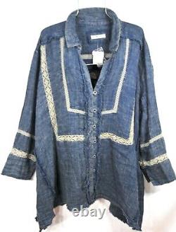 Free People XL Ranch Wash Textured Long Sleeve Denim Button-Front Top in Indigo