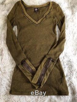 Free People Zipper Cuff Thermal Top Fatigue Army Olive Green Long Sleeve Waffle