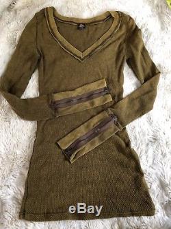 Free People Zipper Cuff Thermal Top Fatigue Army Olive Green Long Sleeve Waffle