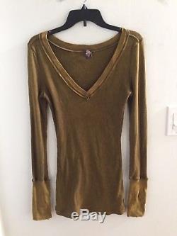 Free People Zipper Cuff Thermal Waffle Knit Long Sleeve Top Olive Medium Rare