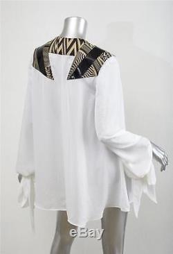GIVENCHY White Chiffon Chevron Stripe Draped Long-Sleeve Blouse Top Shirt M
