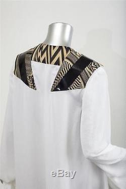 GIVENCHY White Chiffon Chevron Stripe Draped Long-Sleeve Blouse Top Shirt M