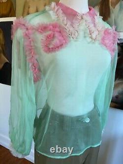 GUCCI $1400 Green Pink Silk Organza Ruffle Peter Pan Collar LS Blouse Top 40/2/4