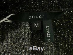 GUCCI Black & Metallic Gold Knit Long Sleeve Ruffle Trim V-Neck Top M