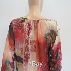 Galliano Multicolor Print Sheer Silk Ruffle Long Sleeve Blouse/Shirt/Top 40