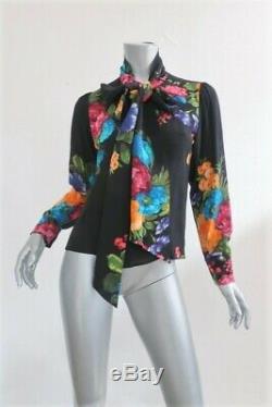 Gucci Pussy Bow Blouse Black Floral Print Silk Size 40 Long Sleeve Top