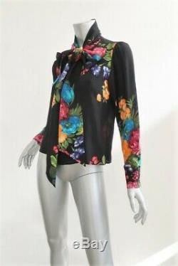 Gucci Pussy Bow Blouse Black Floral Print Silk Size 40 Long Sleeve Top