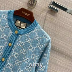 Gucci Sweater Gg Logo Cotton Jacquard Cardigan Blue Top Size L