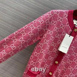 Gucci Sweater Gg Logo Cotton Jacquard Cardigan Pink Fuchsia Top Size L