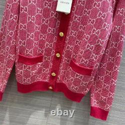 Gucci Sweater Gg Logo Cotton Jacquard Cardigan Pink Fuchsia Top Size L