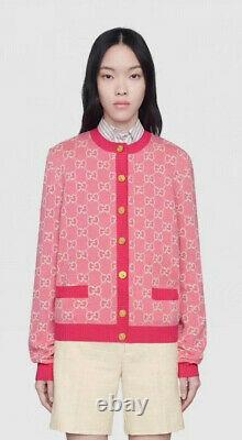 Gucci Sweater Gg Logo Cotton Jacquard Cardigan Pink Fuchsia Top Size M