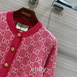 Gucci Sweater Gg Logo Cotton Jacquard Cardigan Pink Fuchsia Top Size S