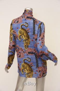 Gucci Top Blouse Blue Bengal Tiger Print Silk Pussy Bow Sz 44 Long Sleeve Shirt