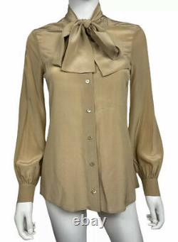 Gucci Women's 42 Tan Silk Button Front Pussy Bow Tie Long Sleeve Top Blouse M