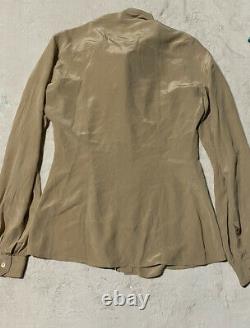 Gucci Women's 42 Tan Silk Button Front Pussy Bow Tie Long Sleeve Top Blouse M