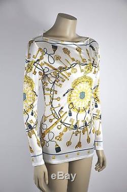 HERMÈS Top Multicolor White, Yellow and Blue Key Print Long Sleeve Size 36