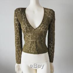 HERVE LEGER PARIS Vintage Sheer Mesh Paisley Knit V-Neck Long Sleeve Top Shirt