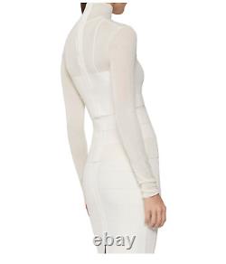 HERVE LEGER White High Neck Long Sleeve Bodycon Sheer Detail Top NWT Size SMALL