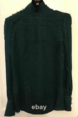 H&M X Balmain Jacquard weave Silk Blouse Green 100% Silk Top Shirt Size 8