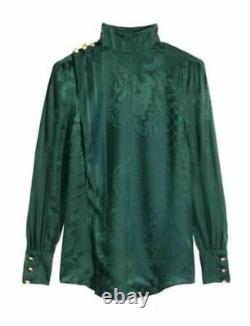 H&M X Balmain Jacquard weave Silk Blouse Green 100% Silk Top Shirt Size 8