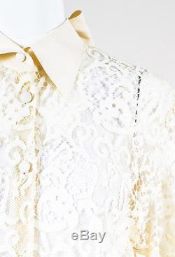 Hermes Cream Sheer Lace Embroidered Long Sleeve Tie Collar Shirt Top SZ 40