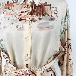 Hermes Silk Blouse Button Down Sash Tie Waist Allover Print Top 42 Large Paris