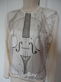 Hermes Violin Silk Top Long Sleeves Ivory/graphite France 38