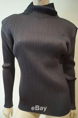 ISSEY MIYAKE PLEATS PLEASE Charcoal Grey High Neck Long Sleeve Blouse Top M