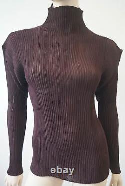 ISSEY MIYAKE Women's Brown High Polo Neck Pleated Blouse Top Sz M/L
