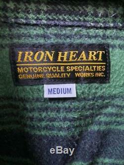 Iron Heart Heavy Flannel Shirt Tops Green Tone Plaid Men's M Size Long Sleeve